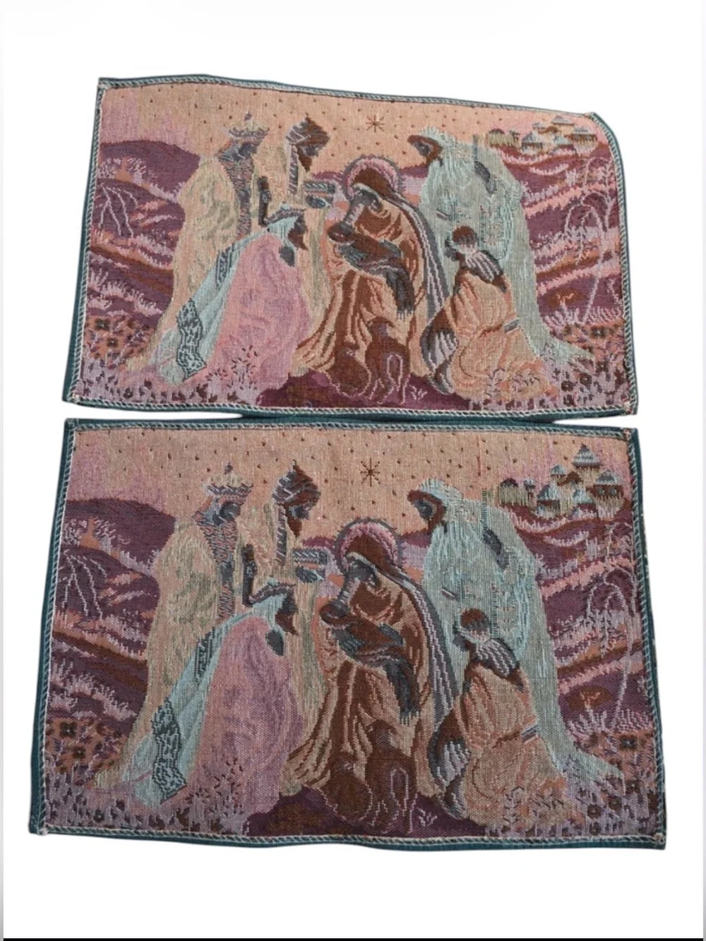 Nativity Placemats Vintage Tapestry Set of 2 Old World Christmas Woven